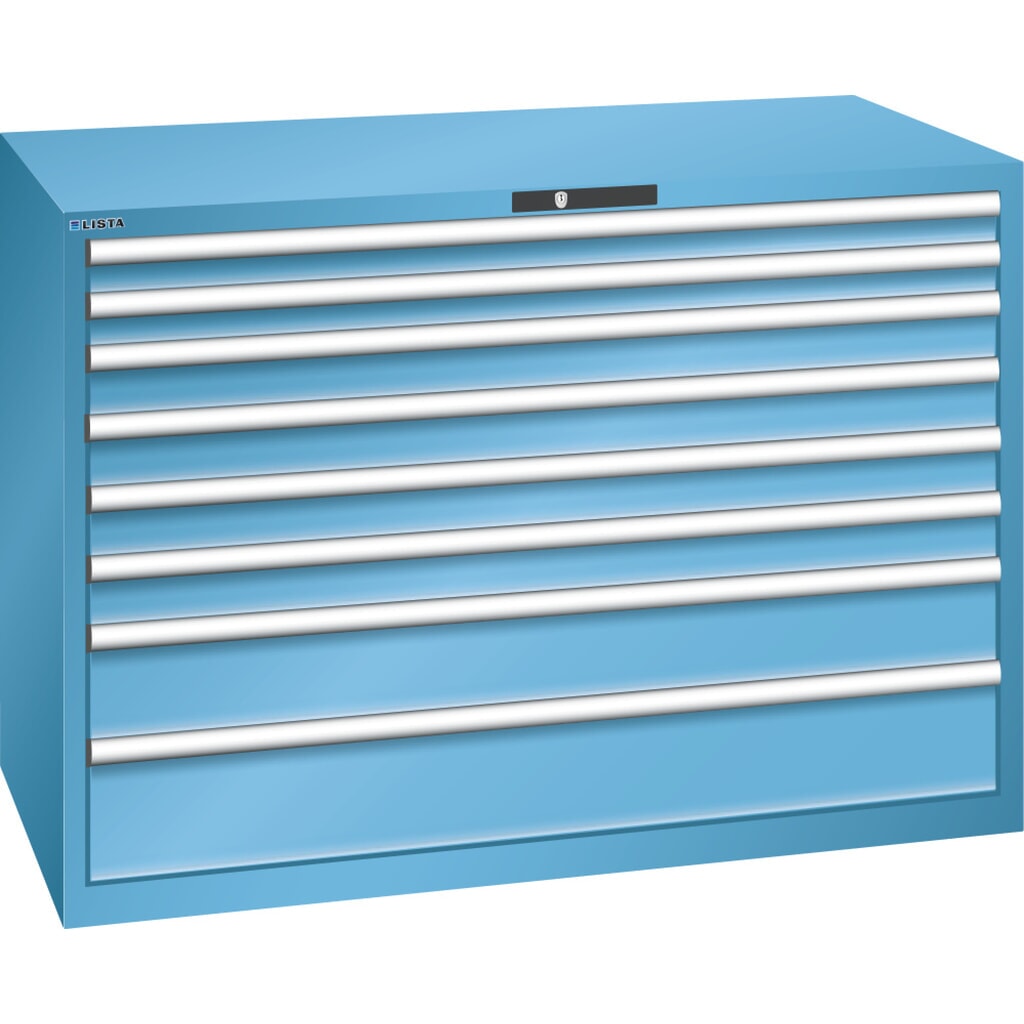 Illustration du produit: Armoire à tiroirs LISTA 78x36E, (lxPxH) 1 431x725x1 000 mm, 8 tiroirs, hauteurs de façade 75-200 mm, bleu clair, KEY Lock
