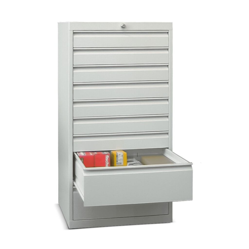 N° de l'image du produit 1 : Armoire à tiroirs PAVOY, hauteur 1 200 mm, tiroirs 7 x 100 mm + 2 x 200 mm, largeur 500 mm, gris clair, bleu clair
