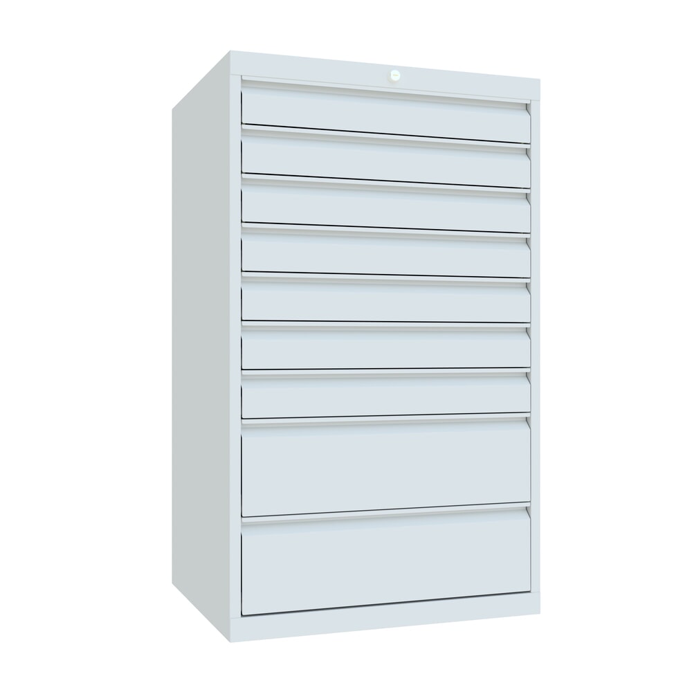 N° de l'image du produit 1 : Armoire à tiroirs PAVOY, hauteur 1 200 mm, tiroirs 7 x 100 mm + 2 x 200 mm, largeur 715 mm, gris clair, gris clair