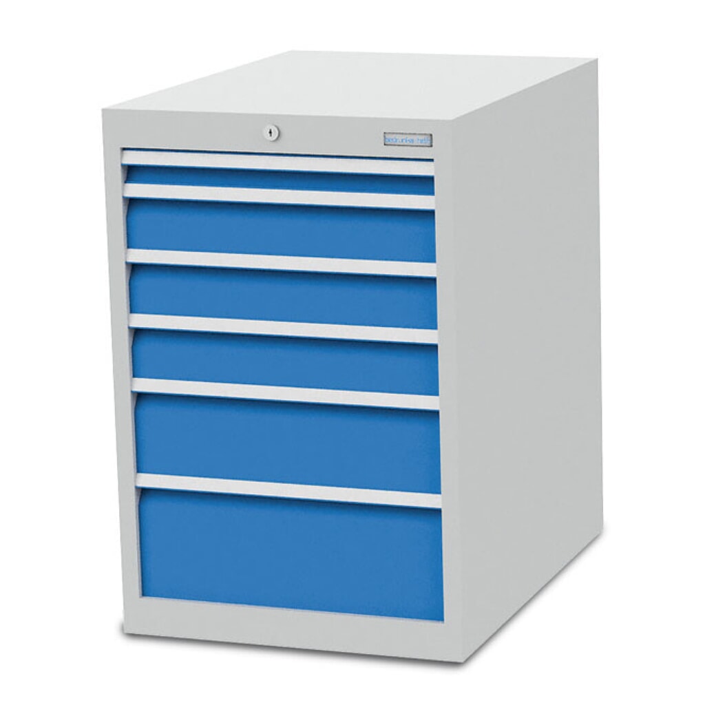 N° de l'image du produit 1 : Armoire à tiroirs R 18-24 Bedrunka+Hirth, H x l x P 819 x 555 x 736 mm, gris clair, bleu clair, 6 tiroirs 1 x 50 + 3 x 100 + 1 x 150 + 1 x 200 mm