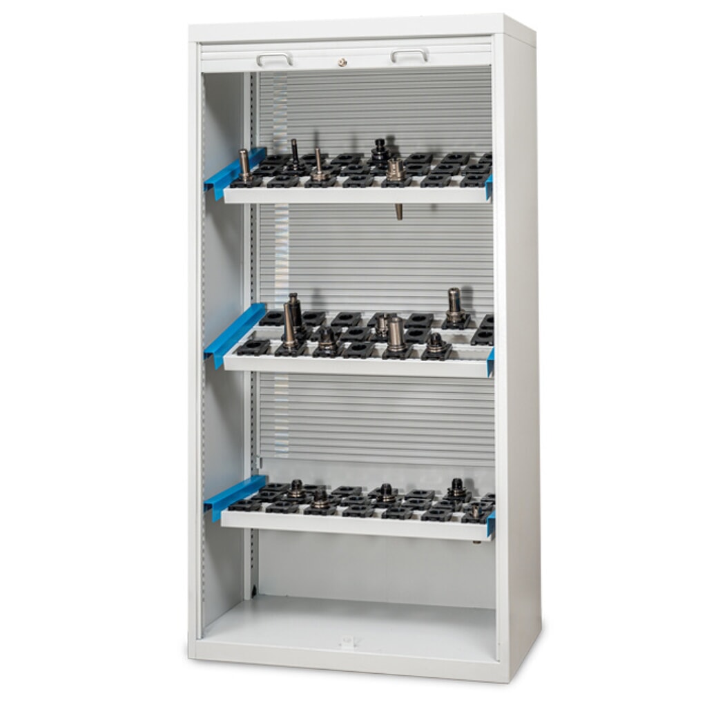 Armoire à volet roulant CNC Bedrunka+Hirth, gris clair, avec 3 cadres porte-outils CNC, volet roulant en plastique N° de l'image du produit 1 : Armoire à volet roulant CNC Bedrunka+Hirth, gris clair, avec 3 cadres porte-outils CNC, volet roulant en plastique