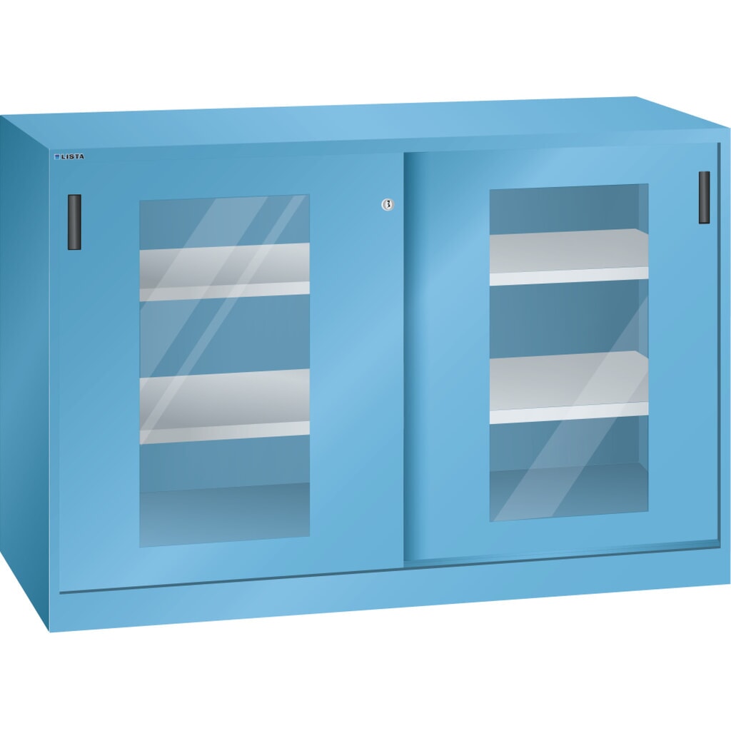 Armoire d'appoint LISTA avec portes coulissantes, (lxH) 1 500x1 000 mm, 4 étagères réglables, vitres transparentes, profondeur 400 mm, bleu clair Illustration du produit: Armoire d'appoint LISTA avec portes coulissantes, (lxH) 1 500x1 000 mm, 4 étagères réglables, vitres transparentes, profondeur 400 mm, bleu clair