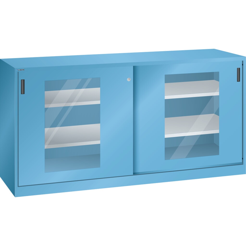 Armoire d'appoint LISTA avec portes coulissantes, (lxH) 2 000x1 000 mm, 4 étagères réglables, vitres transparentes, profondeur 400 mm, bleu clair Illustration du produit: Armoire d'appoint LISTA avec portes coulissantes, (lxH) 2 000x1 000 mm, 4 étagères réglables, vitres transparentes, profondeur 400 mm, bleu clair