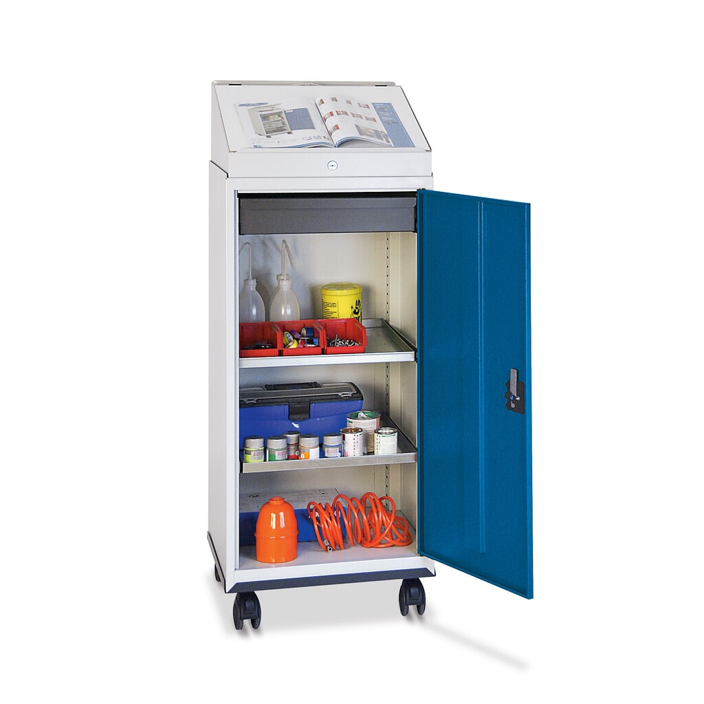 Armoire à portes battantes mobile d’atelier stumpf® avec bureau + 1 tiroir + 2 bacs, gris N° de l'image du produit 1 : Armoire à portes battantes mobile d’atelier stumpf® avec bureau + 1 tiroir + 2 bacs, gris