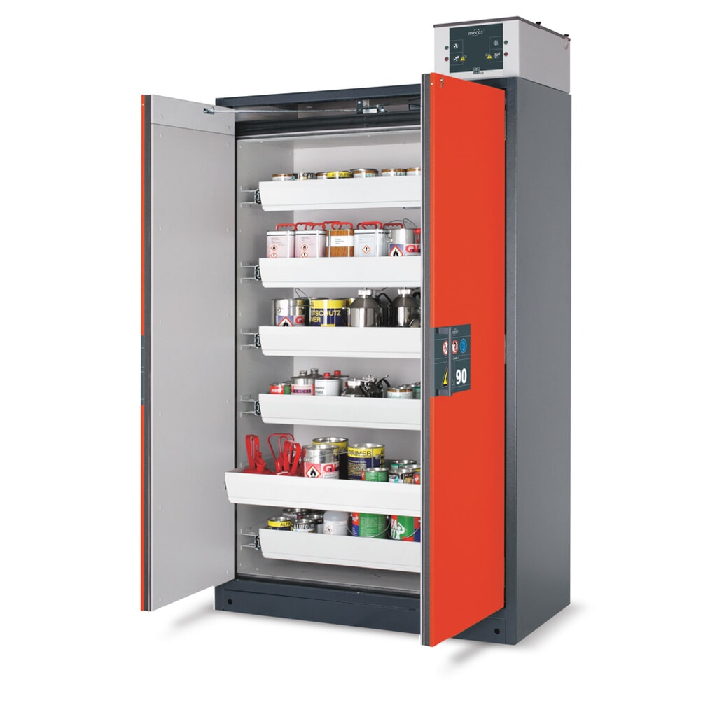 Armoire coupe-feu asecos® Q-PEGASUS / type 90, 4 cuves extractibles, haut. x larg. x prof. 1 953 x 599 x 615 mm, rouge signalisation N° de l'image du produit 1 : Armoire coupe-feu asecos® Q-PEGASUS / type 90, 4 cuves extractibles, haut. x larg. x prof. 1 953 x 599 x 615 mm, rouge signalisation