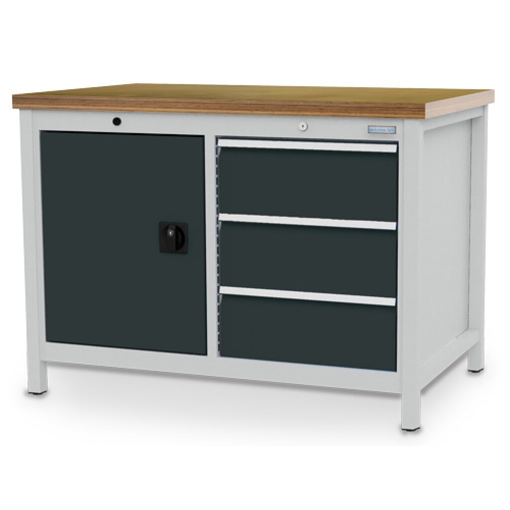 N° de l'image du produit 1 : Armoire établi R 18-24 Bedrunka+Hirth, H x l x P 859 x 1 250 x 750 mm, gris clair, gris anthracite, 3 tiroirs 3 x 200 mm, 1 porte battante 1 x 600 mm