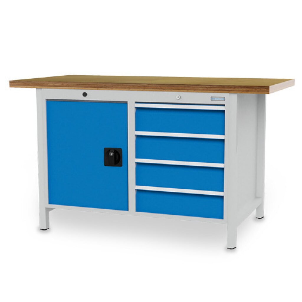 N° de l'image du produit 1 : Armoire établi R 18-24 Bedrunka+Hirth, H x l x P 859 x 1 500 x 750 mm, gris clair, bleu clair, 4 tiroirs 4 x 150 mm, 1 porte battante 1 x 600 mm