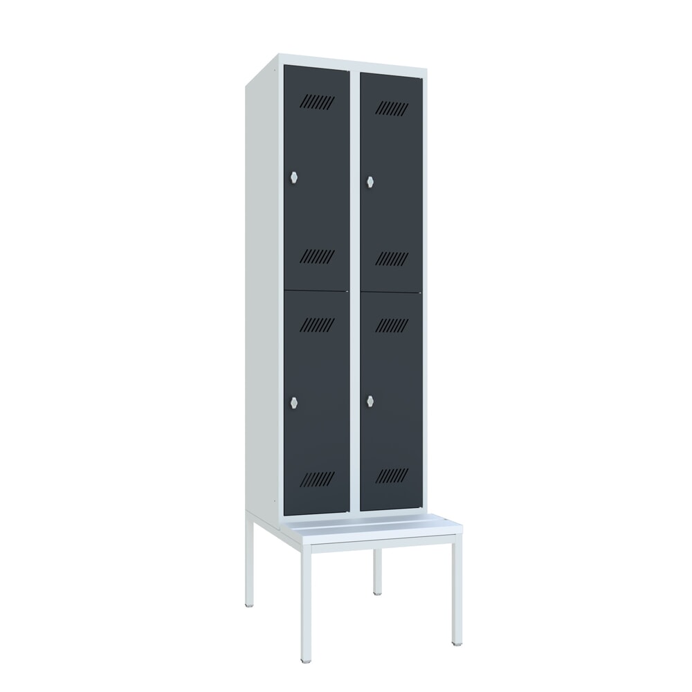 Numéro de l'image du produit 1: Armoire-penderie avec banc PAVOY, 2 niveaux, 2 x 2 compartiments de 300 mm, fermeture à pêne tournant, gris anthracite, gris clair