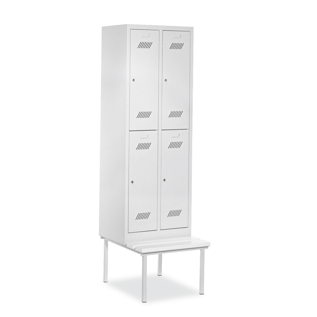 N° de l'image du produit 1 : Armoire-penderie avec banc PAVOY, 2 niveaux, 2 x 2 compartiments de 300 mm, serrure à cylindre, gris clair, gris clair