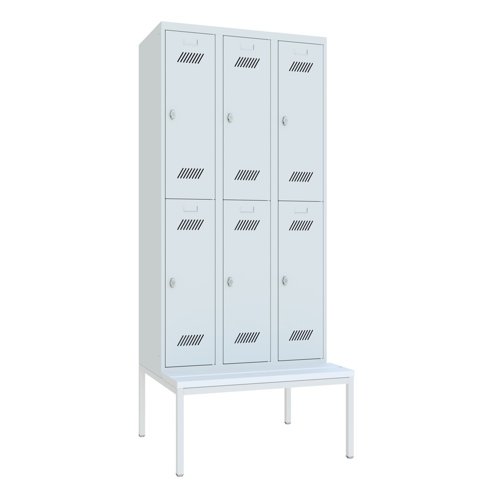 Numéro de l'image du produit 1: Armoire-penderie avec banc PAVOY, 2 niveaux, 3 x 2 compartiments de 300 mm, fermeture à pêne tournant, gris clair, gris clair