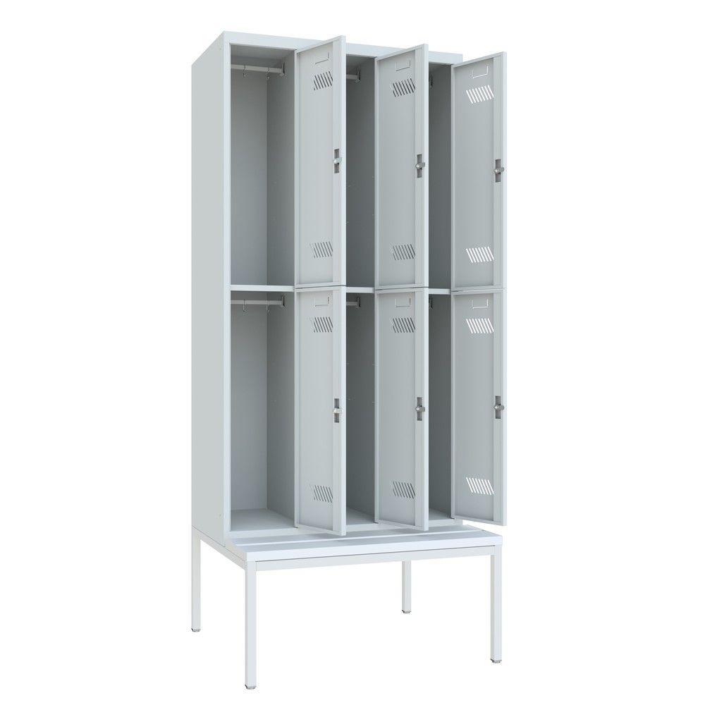 Numéro de l'image du produit 2: Armoire-penderie avec banc PAVOY, 2 niveaux, 3 x 2 compartiments de 300 mm, fermeture à pêne tournant, gris clair, gris clair
