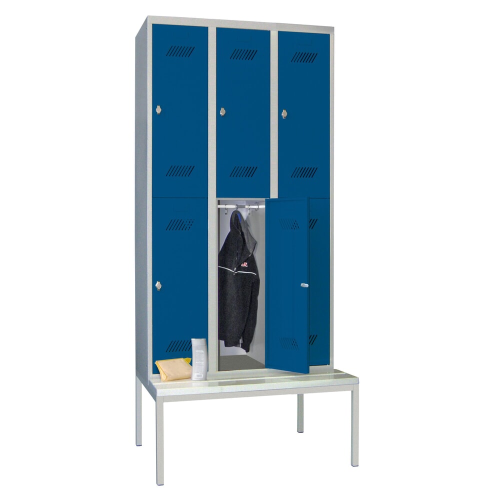 Numéro de l'image du produit 2: Armoire-penderie avec banc PAVOY, 2 niveaux, 3 x 2 compartiments de 300 mm, fermeture à pêne tournant, bleu gentiane, gris clair