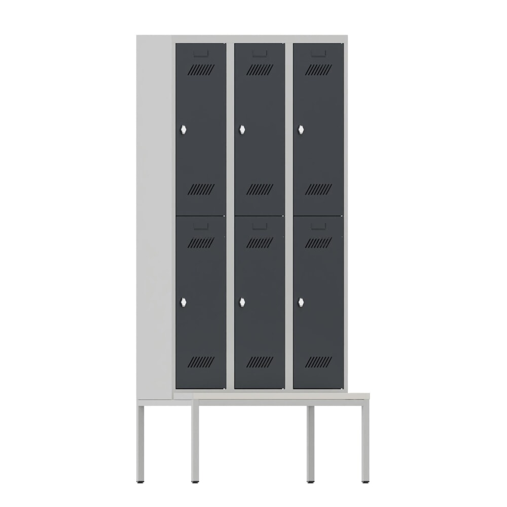 N° de l'image du produit 1 : Armoire-penderie avec banc PAVOY, 2 niveaux, 3 x 2 compartiments de 300 mm, fermeture à pêne tournant, gris anthracite, gris clair