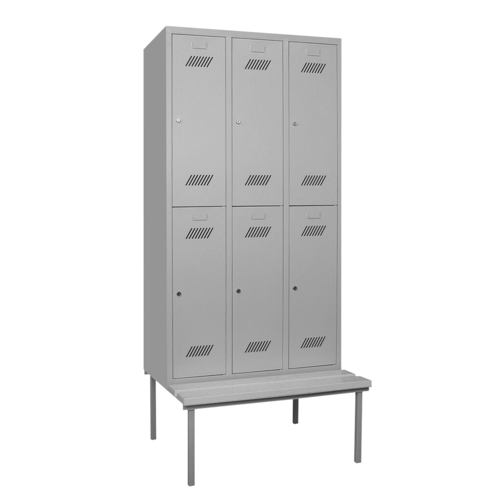 N° de l'image du produit 1 : Armoire-penderie avec banc PAVOY, 2 niveaux, 3 x 2 compartiments de 300 mm, serrure à cylindre, gris clair, gris clair