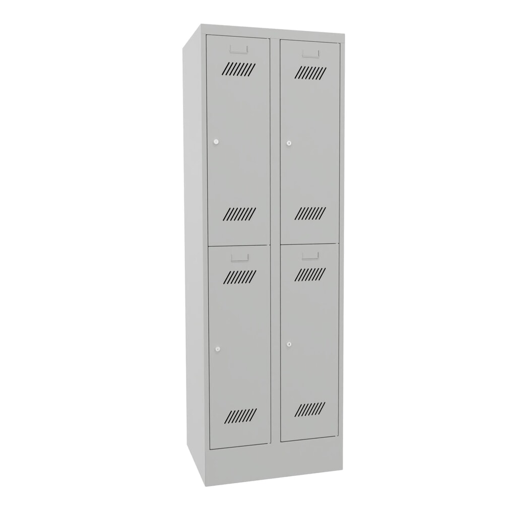 Armoire-penderie BASIC avec socle et serrure à cylindre, 2 niveaux, 4 compartiments, H x l x P 1 850 x 630 x 500 mm, gris clair, gris clair N° de l'image du produit 1 : Armoire-penderie BASIC avec socle et serrure à cylindre, 2 niveaux, 4 compartiments, H x l x P 1 850 x 630 x 500 mm, gris clair, gris clair