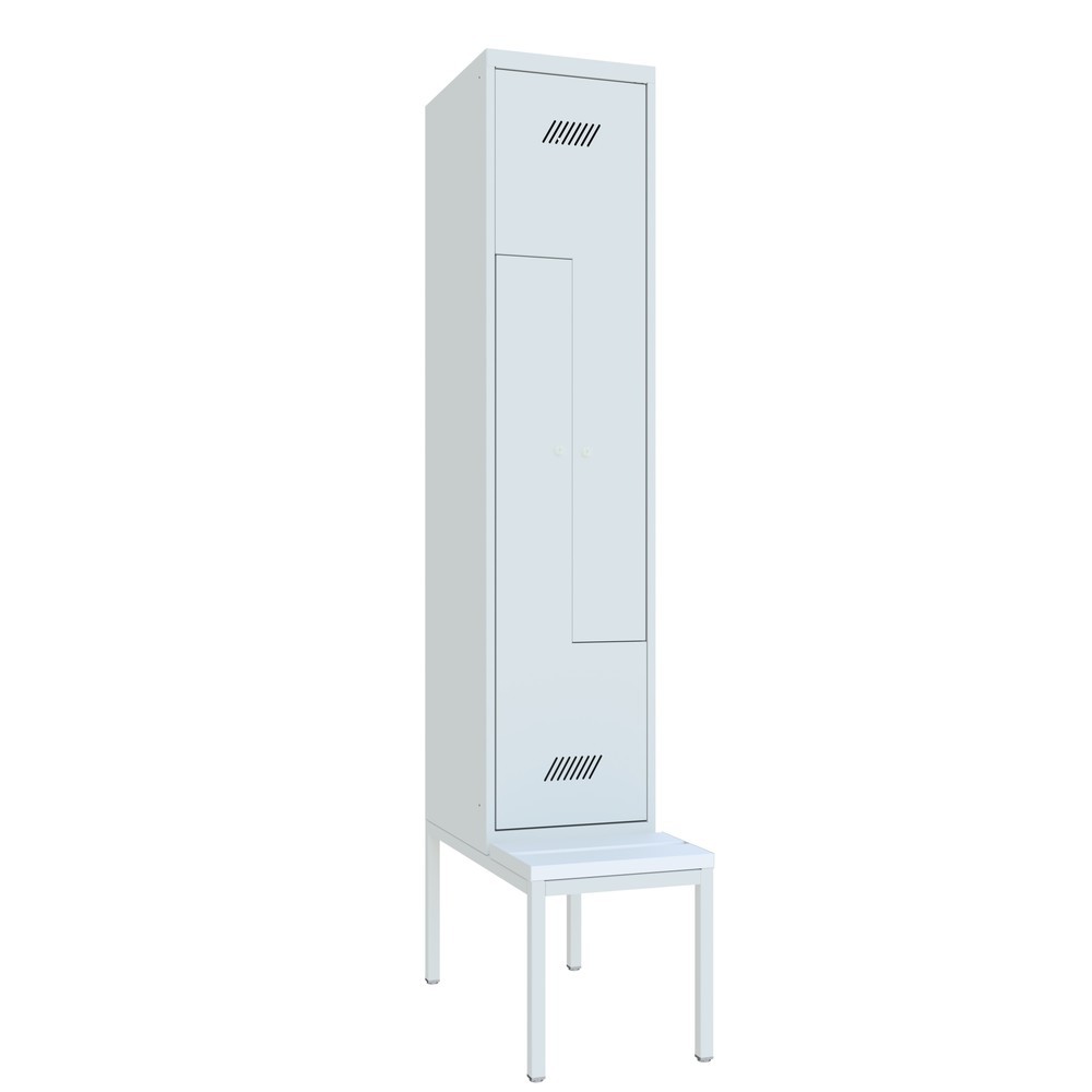 N° de l'image du produit 2 : Armoire-penderie en Z avec banc PAVOY, 2 compartiments, serrure à cylindre, gris clair, gris clair, Plastique, blanc