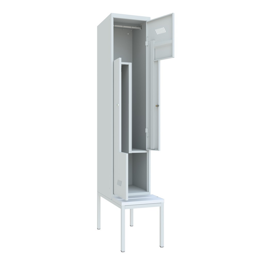 N° de l'image du produit 3 : Armoire-penderie en Z avec banc PAVOY, 2 compartiments, serrure à cylindre, gris clair, gris clair, Plastique, blanc