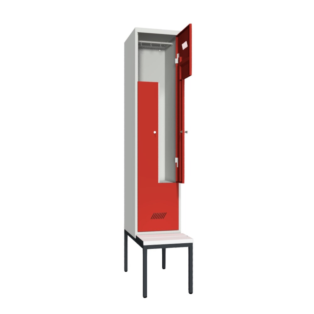 Numéro de l'image du produit 2: Armoire-penderie en Z avec banc PAVOY, 2 compartiments, serrure à cylindre, gris clair, rouge feu, Plastique, blanc