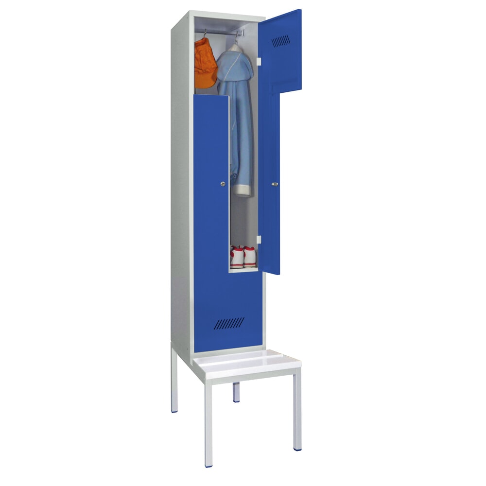 Numéro de l'image du produit 2: Armoire-penderie en Z avec banc PAVOY, 2 compartiments, serrure à cylindre, gris clair, bleu gentiane, Plastique, blanc