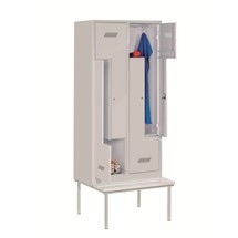 N° de l'image du produit 1 : Armoire-penderie en Z avec banc PAVOY, 4 compartiments, serrure à cylindre, gris clair, bleu gentiane, Plastique, blanc