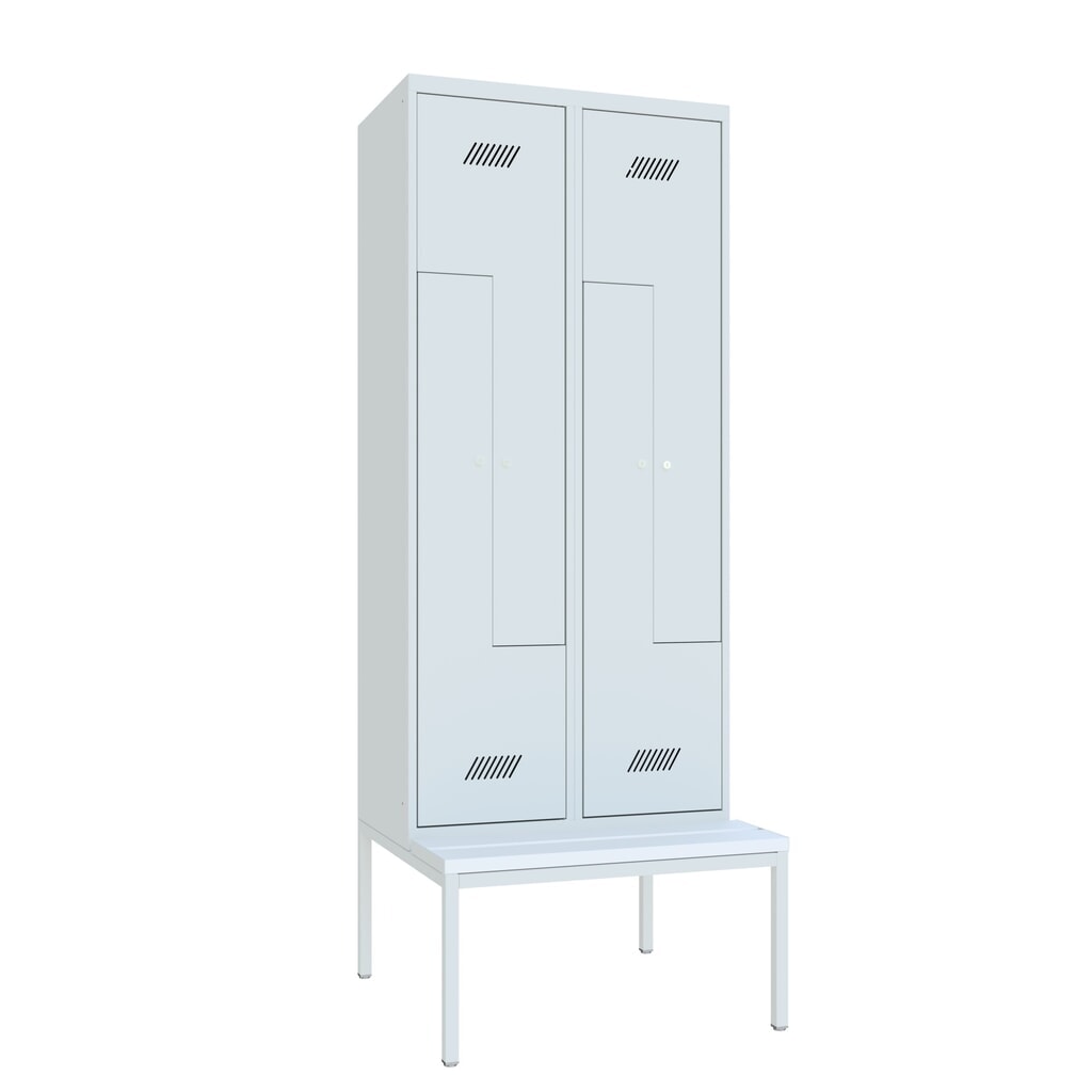 N° de l'image du produit 2 : Armoire-penderie en Z avec banc PAVOY, 4 compartiments, serrure à cylindre, gris clair, gris clair, Plastique, blanc