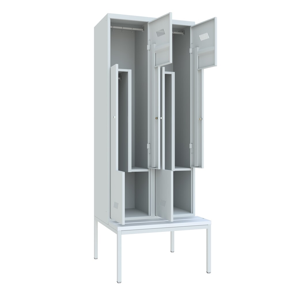 N° de l'image du produit 3 : Armoire-penderie en Z avec banc PAVOY, 4 compartiments, serrure à cylindre, gris clair, gris clair, Plastique, blanc