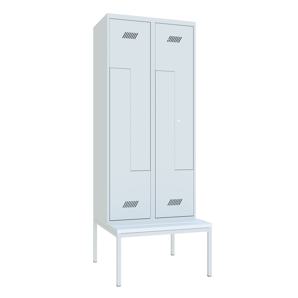 Numéro de l'image du produit 1: Armoire-penderie en Z avec banc PAVOY, 4 compartiments, serrure à cylindre, gris clair, gris clair, Plastique, blanc