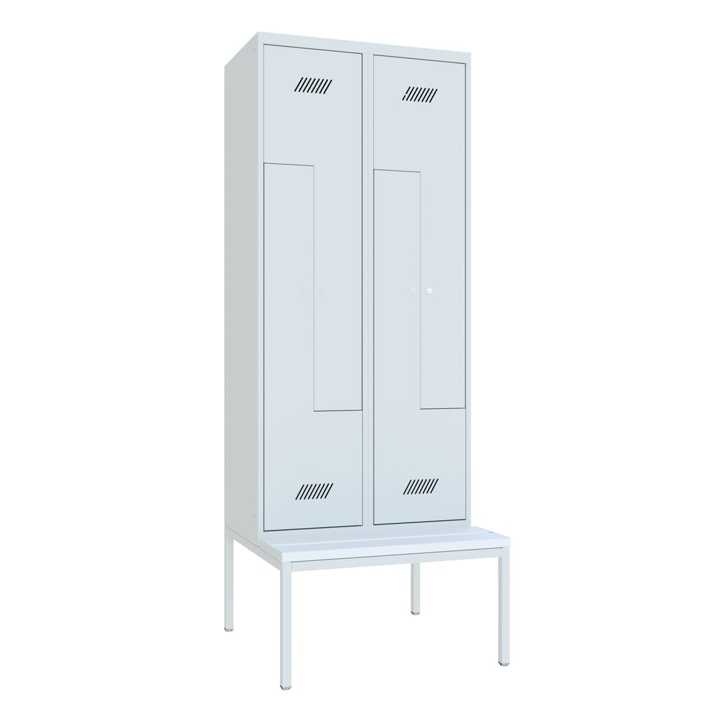 Armoire-penderie en Z avec banc PAVOY, 4 compartiments, serrure à cylindre, gris clair, gris clair, Plastique, blanc N° de l'image du produit 1 : Armoire-penderie en Z avec banc PAVOY, 4 compartiments, serrure à cylindre, gris clair, gris clair, Plastique, blanc