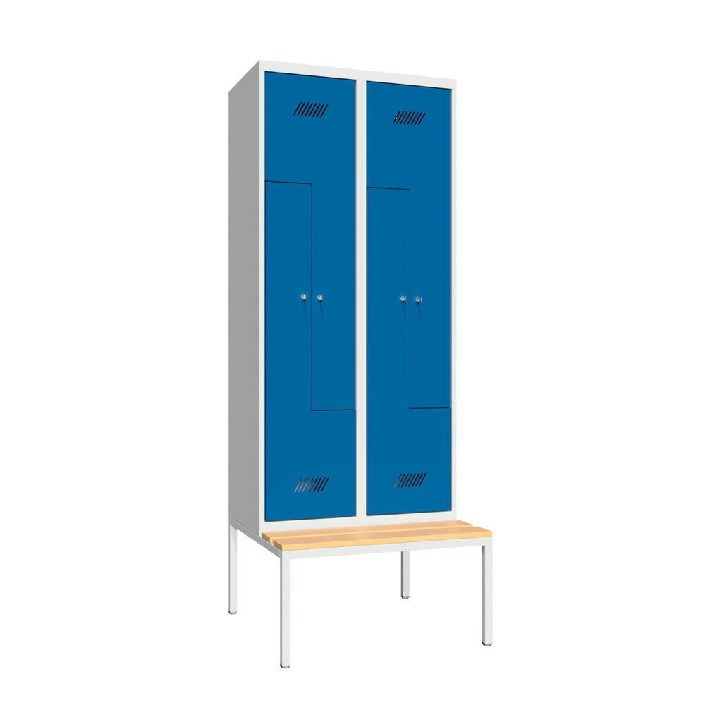 Numéro de l'image du produit 1: Armoire-penderie en Z avec banc PAVOY, 4 compartiments, serrure à cylindre, gris clair, bleu gentiane, Hêtre