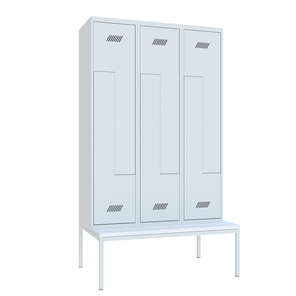 Armoire-penderie en Z avec banc PAVOY, 6 compartiments, serrure à cylindre, gris clair, gris clair, Plastique, blanc N° de l'image du produit 2 : Armoire-penderie en Z avec banc PAVOY, 6 compartiments, serrure à cylindre, gris clair, gris clair, Plastique, blanc