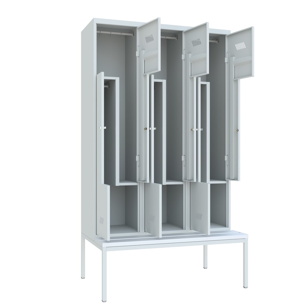 Armoire-penderie en Z avec banc PAVOY, 6 compartiments, serrure à cylindre, gris clair, gris clair, Plastique, blanc N° de l'image du produit 3 : Armoire-penderie en Z avec banc PAVOY, 6 compartiments, serrure à cylindre, gris clair, gris clair, Plastique, blanc