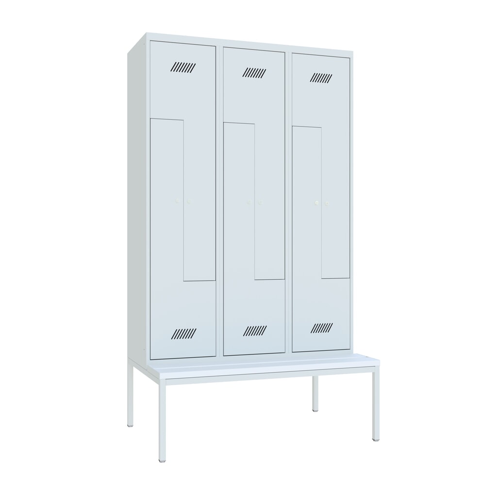 Armoire-penderie en Z avec banc PAVOY, 6 compartiments, serrure à cylindre, gris clair, gris clair, Plastique, blanc N° de l'image du produit 1 : Armoire-penderie en Z avec banc PAVOY, 6 compartiments, serrure à cylindre, gris clair, gris clair, Plastique, blanc
