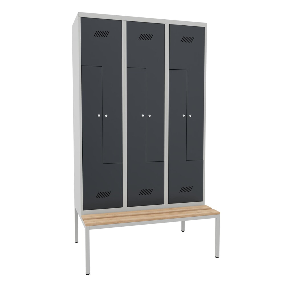 Numéro de l'image du produit 1: Armoire-penderie en Z avec banc PAVOY, 6 compartiments, serrure à cylindre, gris clair, gris anthracite, Hêtre