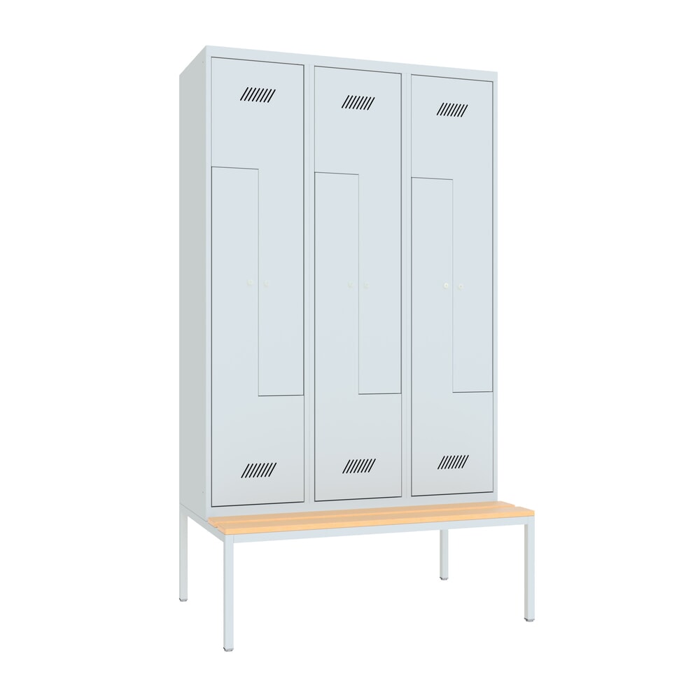 Numéro de l'image du produit 1: Armoire-penderie en Z avec banc PAVOY, 6 compartiments, serrure à cylindre, gris clair, gris clair, Hêtre