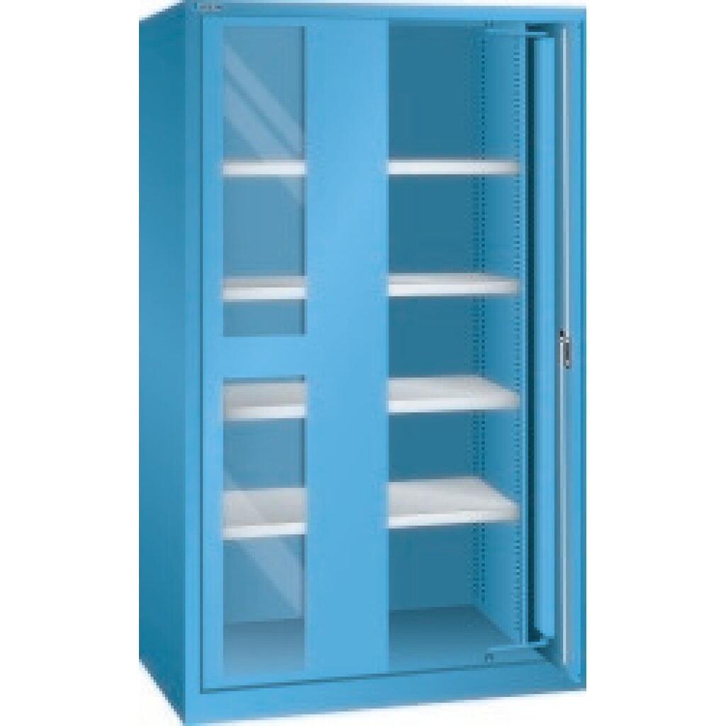 Illustration du produit: Armoire pour charges lourdes LISTA avec portes rétractables+ vitres transparentes, 4 tablettes, H x l x P 1 950 x 1 146 x 690 mm, bleu clair