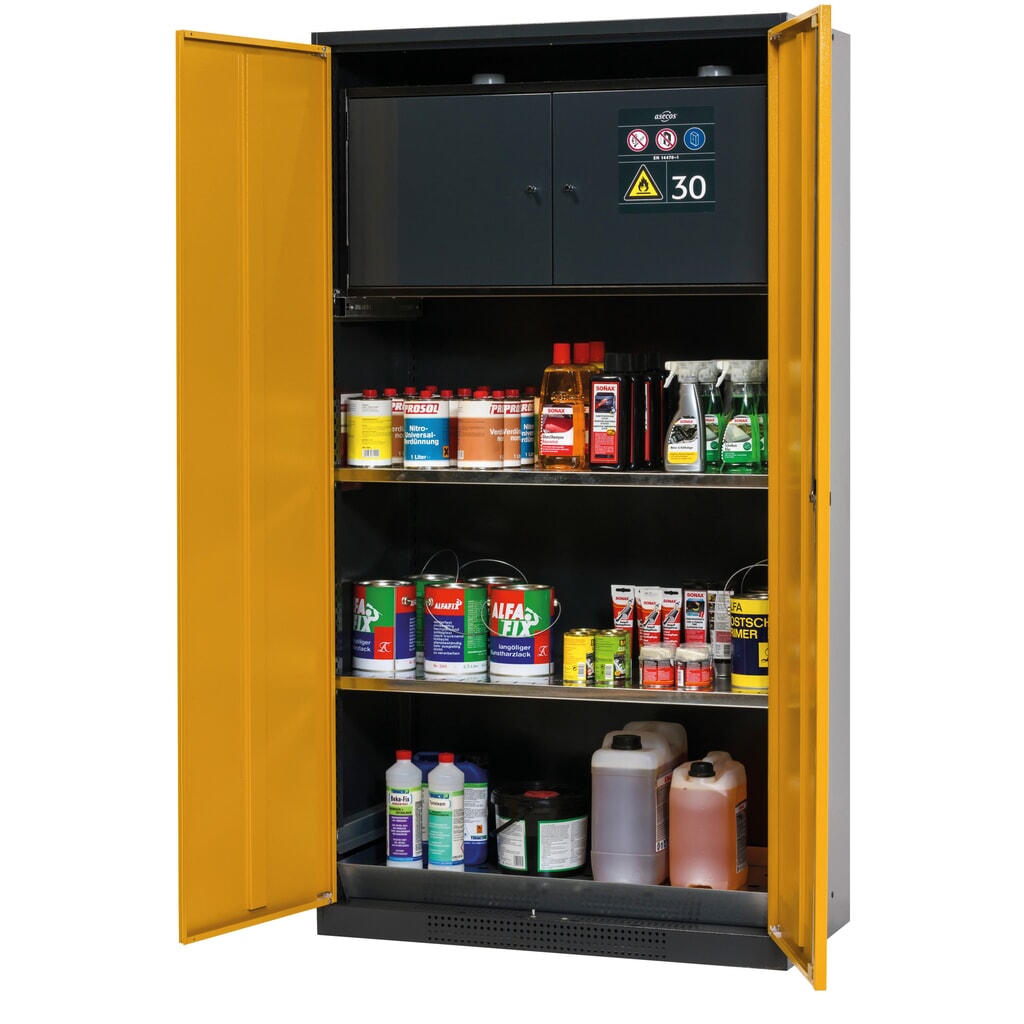 Armoire pour produits chimiques et toxiques avec coffre de sécurité type 30, asecos®, 2 tablettes, 1 bac de rétention