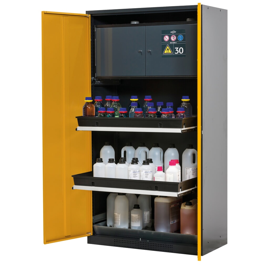Armoire pour produits chimiques et toxiques avec coffre de sécurité type 30, asecos®, 3 tablettes extractibles