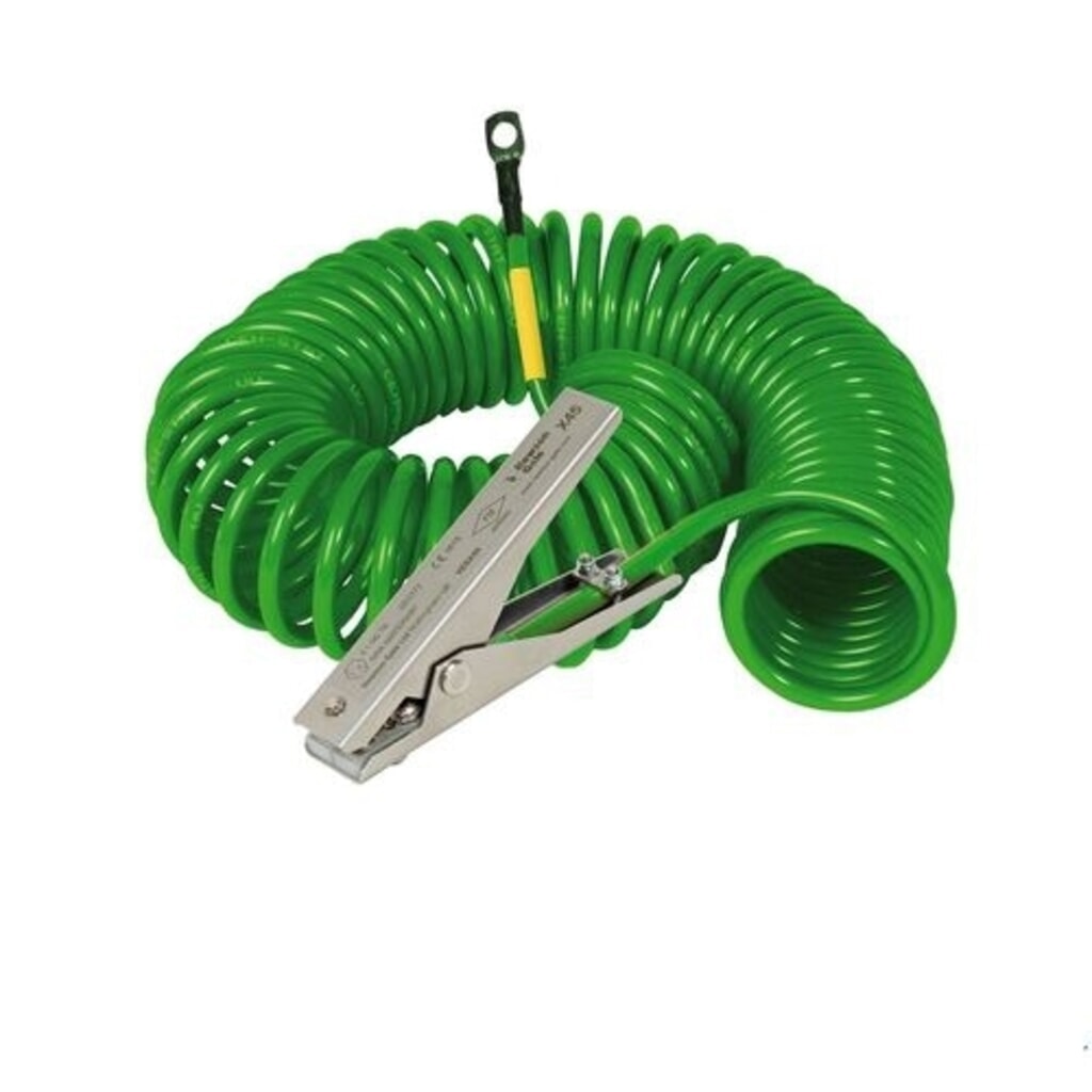 Illustration du produit: Denios câble spiralé de mise à la terre, 1 pince de mise à la terre en acier inoxydable MD 120 mm, rallonge de 3 m, ATEX