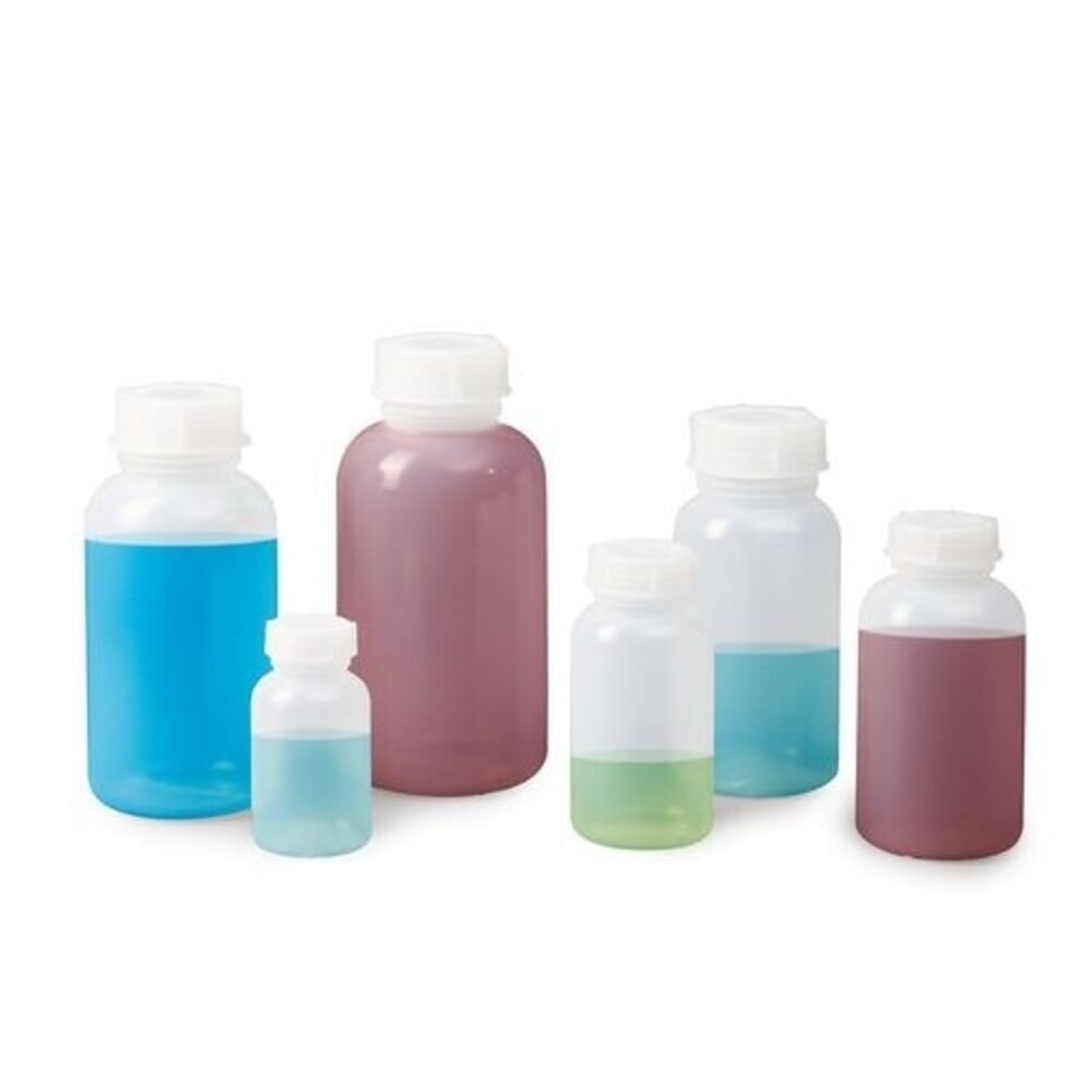 N° de l'image du produit 4 : Denios bouteilles à large ouverture en polyéthylène basse densité, rondes, transparentes naturelles, 250 ml, lot de 30