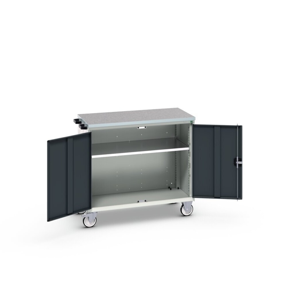 bott verso Chariot d’atelier, avec 2 portes, tablette et top en linoléum, lxPxH : 1050 x 600 x 980 mm N° de l'image du produit 2 : bott verso Chariot d’atelier, avec 2 portes, tablette et top en linoléum, lxPxH : 1050 x 600 x 980 mm