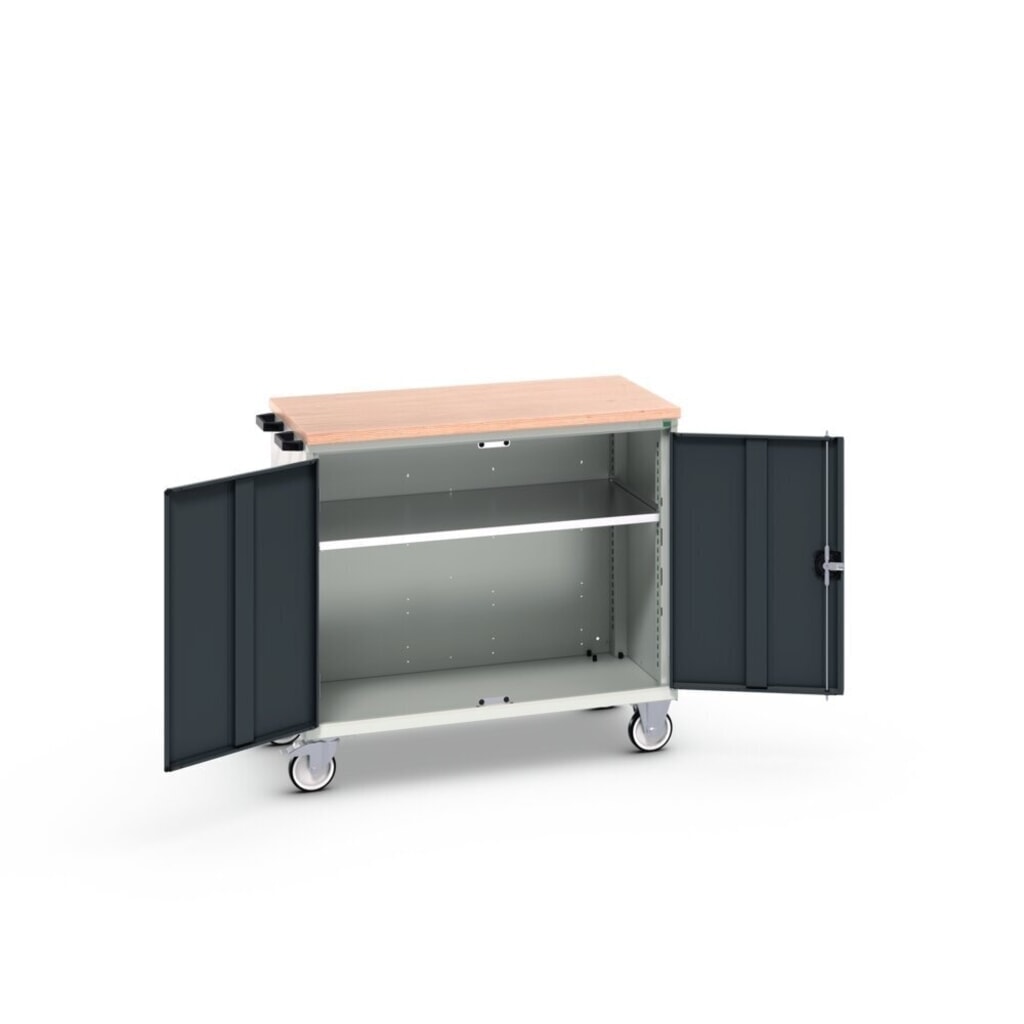 bott verso Chariot d’atelier, avec 2 portes, tablette et top en multiplex, lxPxH : 1050 x 600 x 980 mm N° de l'image du produit 2 : bott verso Chariot d’atelier, avec 2 portes, tablette et top en multiplex, lxPxH : 1050 x 600 x 980 mm