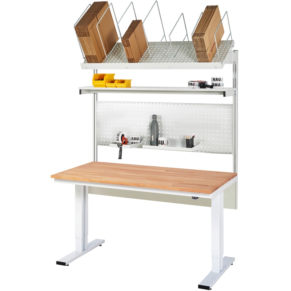 N° de l'image du produit 6 : Ensemble de table d’emballage RAU réglable en hauteur électriquement adlatus 300, installation avec magasin de cartons et plaque perforée, H x l x P 1 850–2 250 mm x 1 500 mm x 800 mm