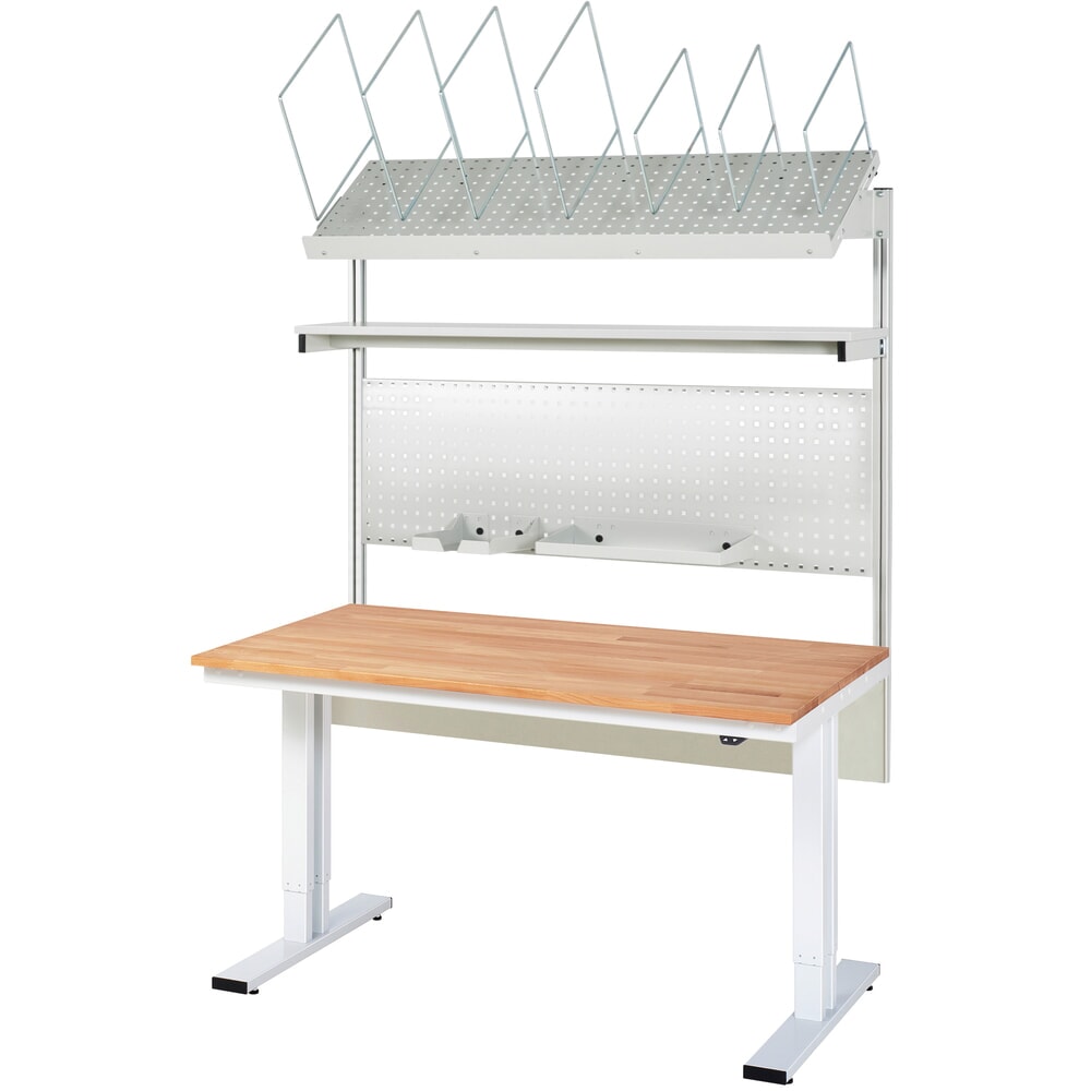 Illustration du produit: Ensemble de table d’emballage RAU réglable en hauteur électriquement adlatus 300, installation avec magasin de cartons et plaque perforée, H x l x P 1 850–2 250 mm x 1 500 mm x 800 mm