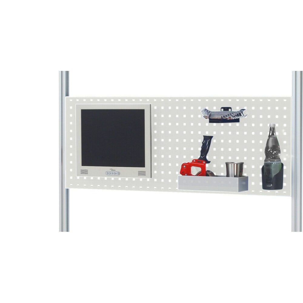 N° de l'image du produit 10 : Ensemble de table d’emballage RAU réglable en hauteur électriquement adlatus 300, installation avec magasin de cartons et plaque perforée, H x l x P 1 850–2 250 mm x 1 500 mm x 800 mm