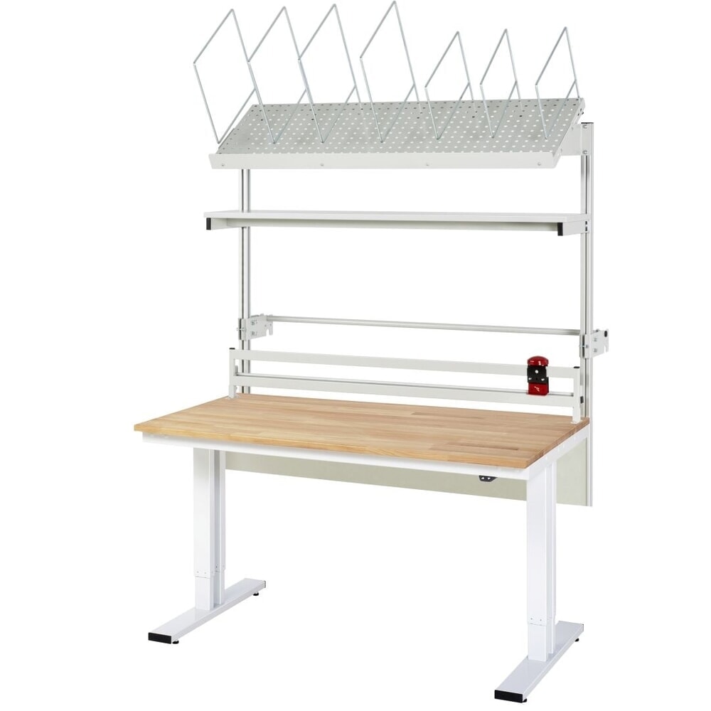Illustration du produit: Ensemble de table d’emballage RAU réglable en hauteur électriquement adlatus 300, installation avec magasin de cartons, unité de déroulage et dispositif de coupe, H x l x P 1 850–2 250 mm x 1 500 mm x 800 mm