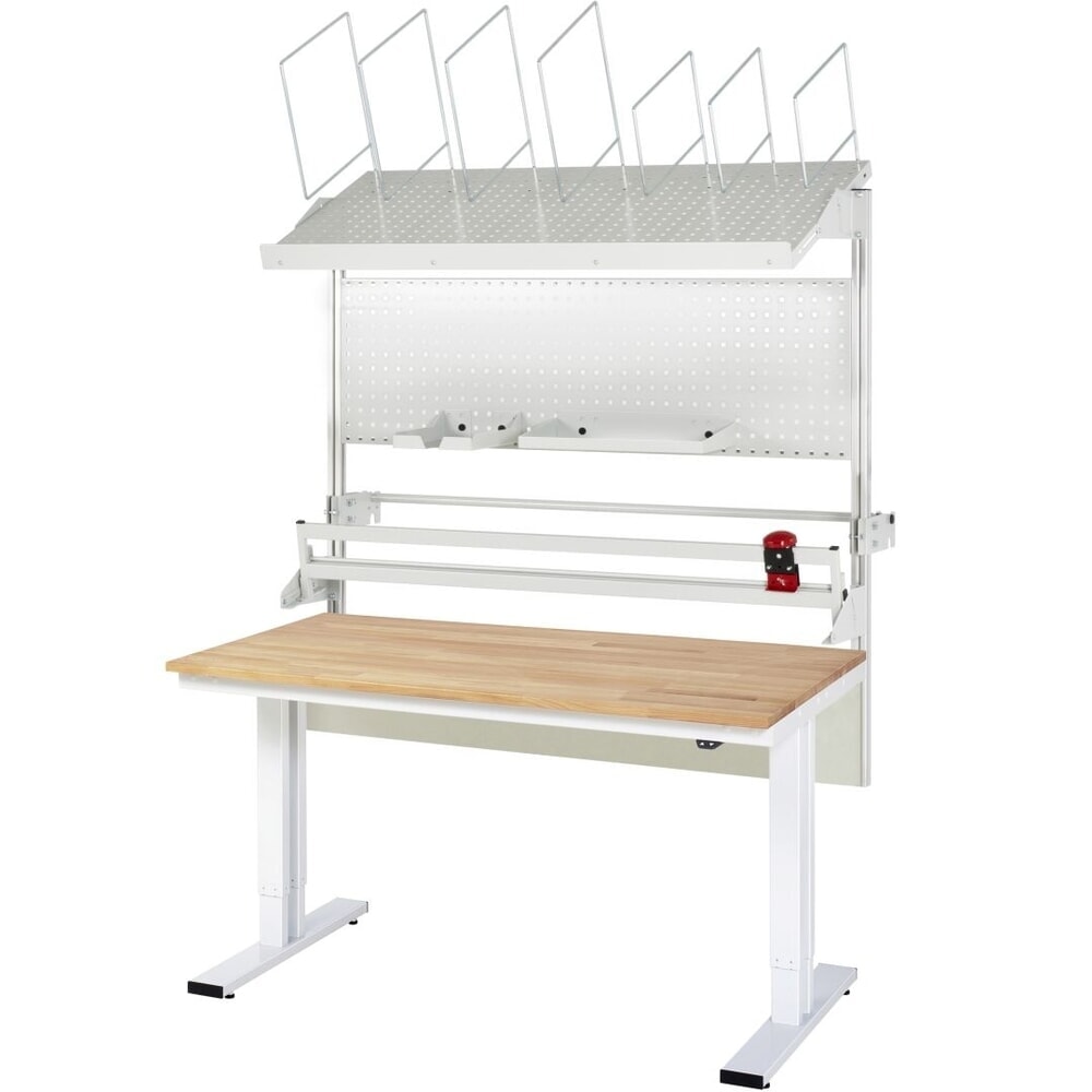 Illustration du produit: Ensemble de table d’emballage RAU réglable en hauteur électriquement adlatus 300, installation avec magasin de cartons, plaque perforée et dispositif de découpe, H x l x P 1 850–2 250 mm x 1 500 mm x 800 mm