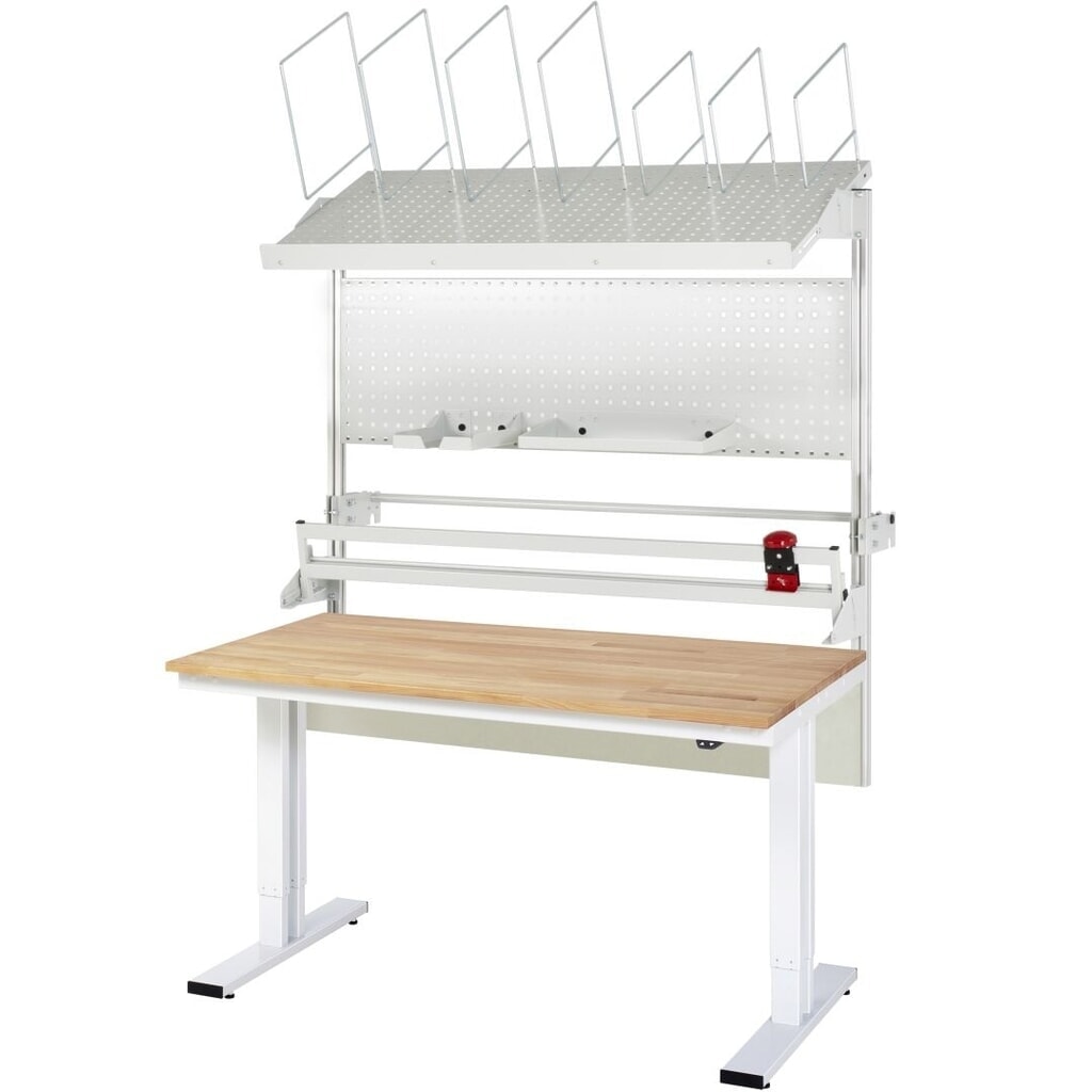 Ensemble de table d’emballage RAU réglable en hauteur électriquement adlatus 300, installation avec magasin de cartons, plaque perforée et dispositif de découpe, H x l x P 1 850–2 250 mm x 1 500 mm x 800 mm Illustration du produit: Ensemble de table d’emballage RAU réglable en hauteur électriquement adlatus 300, installation avec magasin de cartons, plaque perforée et dispositif de découpe, H x l x P 1 850–2 250 mm x 1 500 mm x 800 mm