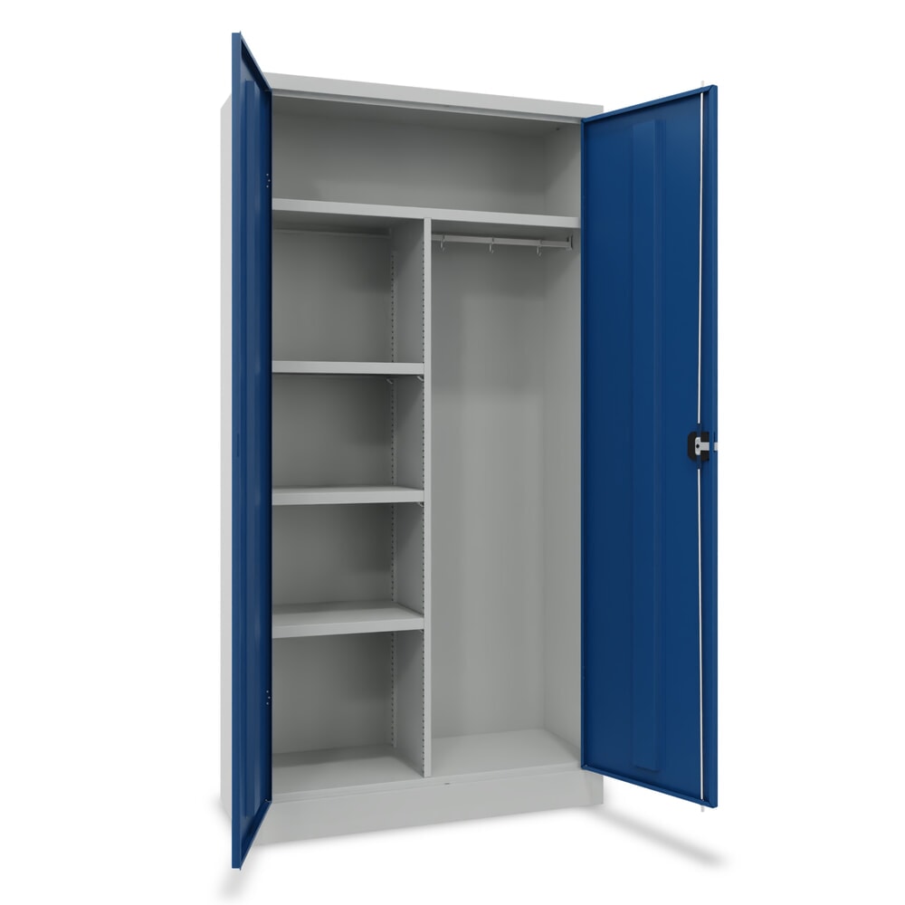 Illustration du produit: PAVOY Armoire à portes battantes avec étagère à couvre-chef, paroi de séparation, tablettes revêtues par poudrage et tringle à vêtements, H x l x P 1 950 x 1 000 x 400 mm, gris clair/bleu gentiane