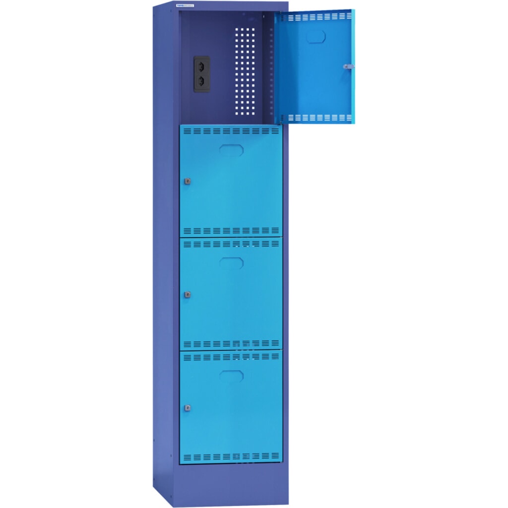 Thur Metall - Armoire de charge avec compartiments, pour batteries de vélos électriques, H x l x P 1 790 mm x 415 mm x 580 mm, serrure KEY, bleu colombe/bleu clair Illustration du produit: Thur Metall - Armoire de charge avec compartiments, pour batteries de vélos électriques, H x l x P 1 790 mm x 415 mm x 580 mm, serrure KEY, bleu colombe/bleu clair