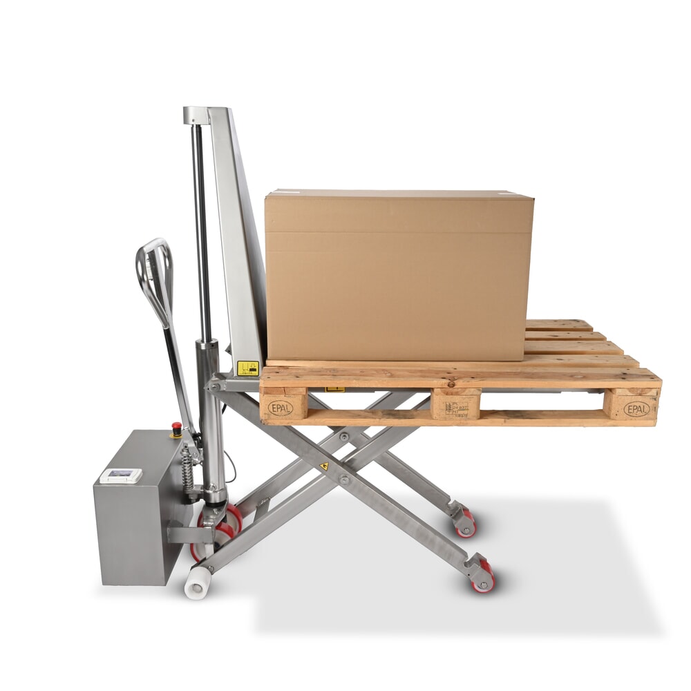 N° de l'image du produit 3 : Transpalette à ciseaux en acier inoxydable Ameise® PTM 1.0 Scissor INOX, capacité de charge 1 000 kg, électrohydraulique, longueur de fourche 1 200 mm, nylon